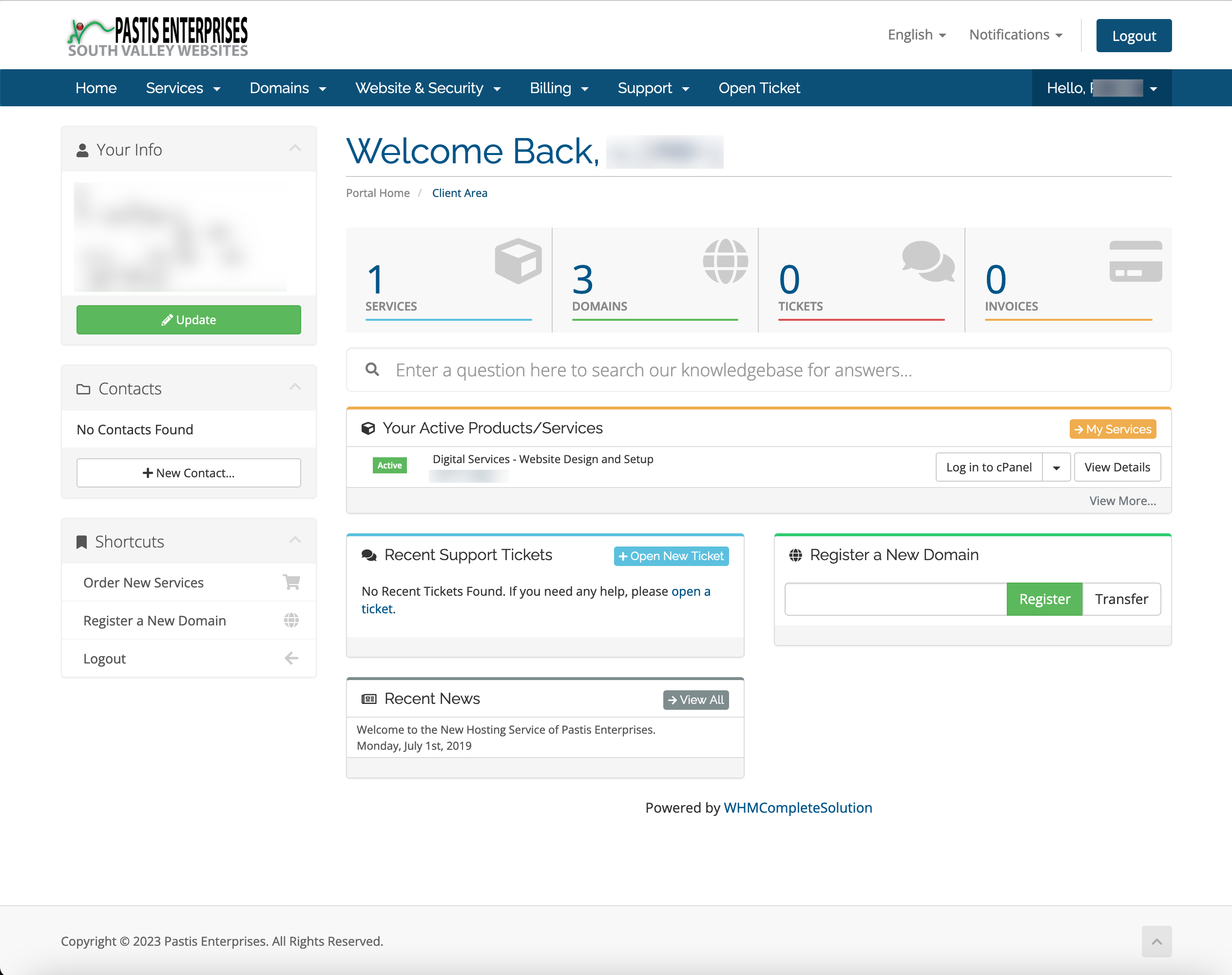 Client Area Dashboard